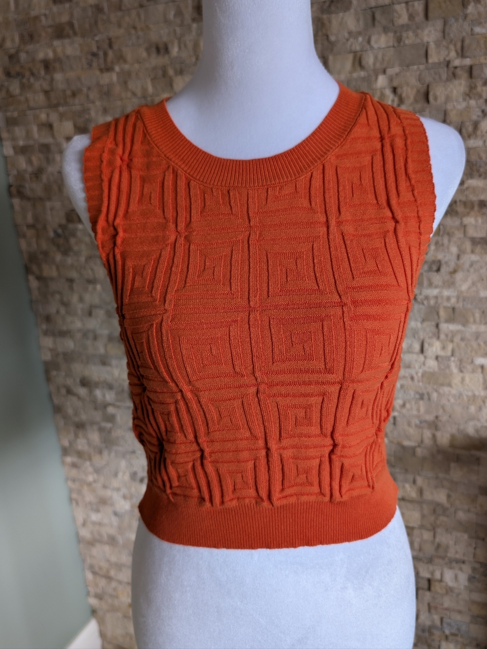 Orange Geometric Knit Sleeveless Sweater Crop Top Sz S Dopamine Kidcore Retro